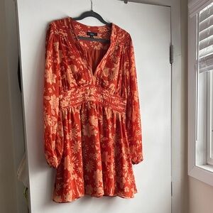 Lulu's Vibrant Orange Floral Long Sleeve Dress